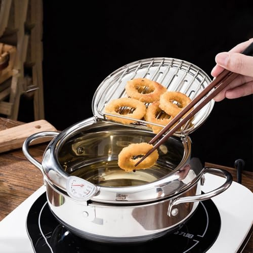 Petite friteuse profonde de style japonais avec thermomètre et couvercle, en acier inoxydable compatible avec les cuisinières à induction (201 + 20 cm)
