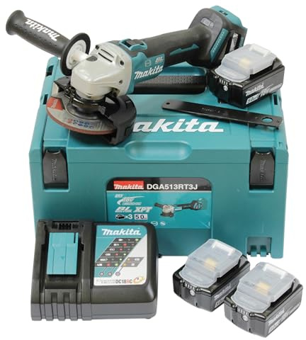 Makita DGA513RT3J Akku-Winkelschleifer 18V inkl. Schnellladegerät DC18RC, 3x Akkus 5,0 Ah im MAKPAC Gr. 3