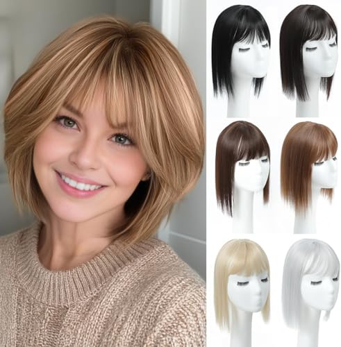 PARXITN Topper de cabello para mujeres, piezas de cabello sintético de 30 cm, toupet con flequillo, peluca recta, piezas de cabello para cabello fino, marrón claro