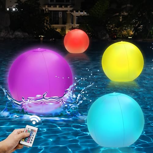 4 Pack Light-Up Beach Balls - 12 Glow-in-The-Dark Pool Toys with 16 Colors & 4 Lighting Modes - Inflatable Floating Balls for Kids' Indoor/Outdoor Fun, Swimming Pool Games and Party Decorations