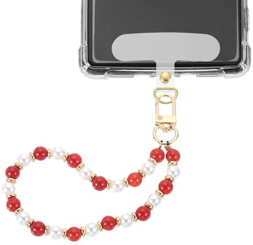 sourcing map Pearl Beaded Phone Wrist Strap, Phone Chain Lanyard Hands-Free Wristlet Bracelet Phone Charm with Tether Tab for Wallet Keychain Camera Earphone, Red & White