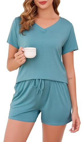 Vlazom Pijama Mujer Verano de Algodon, Conjunto de Pijama Corto Mujer de 2 Piezas, Ropa de Dormir de Camiseta y Pantalones Corto con Cuello en V(XL,Verde Claro)