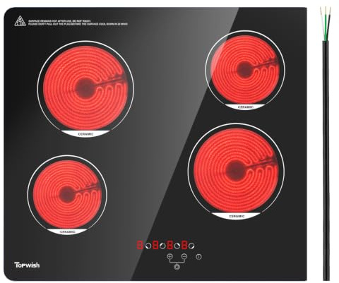 TOPWISH 24 Inch Electric Cooktop, 4 Burners Built-in Electric Stove Top Hot Plate, 6000W Drop-in Ceramic Cooktop Kitchen Stoves with Touch Control, Safety Lock, Timer, 220-240v (Hard Wired No Plug)
