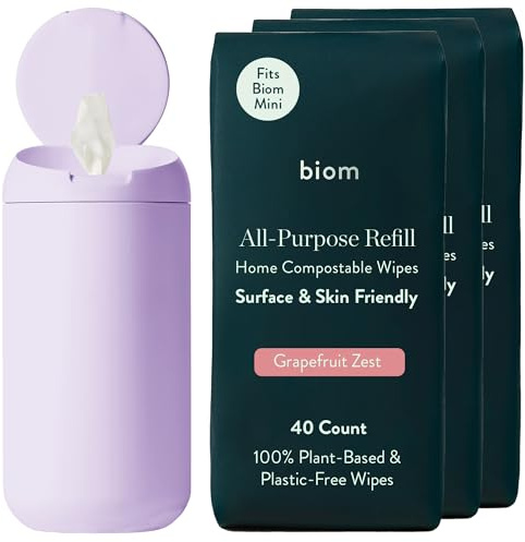 Biom Mini Dispenser + All-Purpose Wipes Starter Kit - Grapefruit Scented Cleaning Wipes | Fits in Car Cup Holder | Biodegradable Plant-Based Cleaner | Kid & Pet Friendly, Natural, Non-Toxic (Lilac)