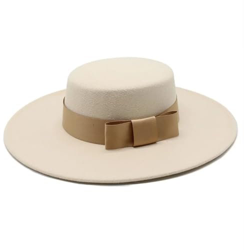 Französicher Fedora-Hut für Damen, mit flacher Oberseite, Krempe, Bankett, eleganter Filzhut, Hochzeitskleid, beige, 6 7/8/7 1/8