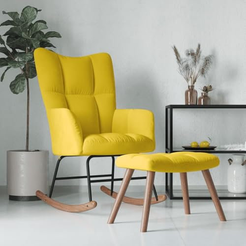 Gecheer Schaukelstuhl mit Hocker Relaxstuhl Schaukelsessel Schwingsessel Relaxsessel Schwingstuhl Polsterstuhl Polstersessel Sessel Senfgelb Samt