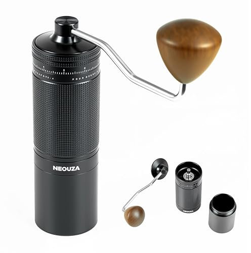 NEOUZA Molinillo de café manual profesional con 100 clics ajustables, molinillo de 7 puntos de acero inoxidable 420 (extrema resistencia al desgaste), aluminio aeronáutico para espresso, verter