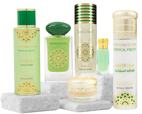 Gulf Orchid Tropical Fruits Musk Collection 6-Piece Gift Set – EDP Perfume Body Mist Body Spray Lotion Perfume Oil & Mukhammaria Balm – Long Lasting Clean Vanilla Musk Scent for Women & Men