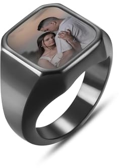 OTXIXTO Personalisierter Foto-Siegelring für Männer Frauen Edelstahl Silber/Schwarz Quadratisch Ring Gravur Farbiges/Schwarz-Weißes Bild Gedenkschmuck Geschenk für Vater Freund Ehemann