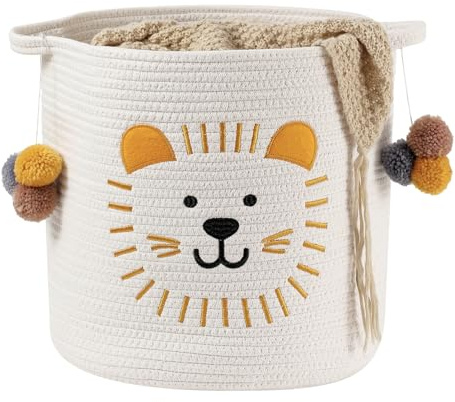 Cestas Grandes para Mantas Sala Living Room, Cestas Almacenamiento Juguetes, Cesta Tejida Algodón con Bordado León, Organizador Juguetes Cesto Ropa Sucia Cesta Lavandería, Decoración Habitación Niño