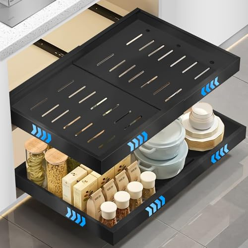 WELLTE Teleskopschublade zum Kleben, 2 Stück Ausziehbare Schublade Küche, (43 CM Tiefe) Küchenschubladen Organizer mit 3-Schienen-System, Slide out Drawer Kein Bohren und Nageln Erforderlich, Schwarz
