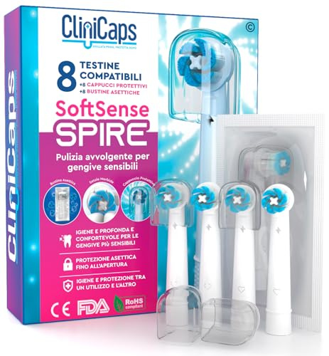 8 Testine Morbide Spazzolino Elettrico Ricambio Compatibile con Oral-B Setole Morbide Avvolgenti Gengive Sensibili - CliniCaps SoftSense Spire Doppia Protezione Bustina Asettica Cappuccio Protettivo