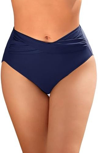 UMIPUBO Bikini Tankini Trosor Dam Badkläder Stringtrosa Hög Midja Veckad Mage Förvaring Hav Sommar Simning, Marinblå, S