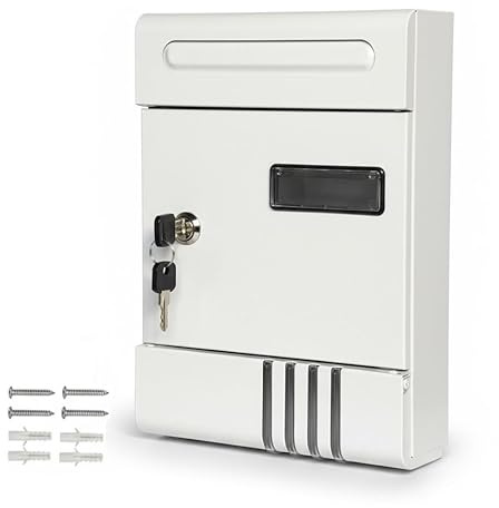 Buzón de Pared Correo, Buzón de Exterior o Interior Metálico con Cerradura, Llaves Tacos y Tornillos, Impermeable de Gran Capacidad para Cartas, Fácil de Instalar. (Blanco)