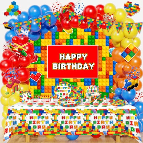Diosnase Building Block Birthday Party Decorations with Balloon Arch Kit, Banner, Backdrop, Wall Signs, Tablecloth, Plates, Napkins, Forks, Cake Topper, Cupcake Toppers