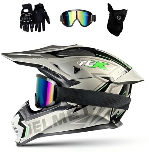 DriveNova Casque Intégral pour Motocross et VTT, Casque Cross pour Adultes avec Lunettes, Masque et Gants, Casque Full Face Moto Downhill ATV Incluant 3 Garnitures de Différentes Tailles (B)
