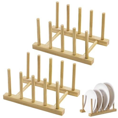 XoeLLe 2 PCS Plate Rack For Cupboard Wooden Plate Rack Storage Dish Kitchen Chopping Drainers Organizer for Plate, Cup, Pot Lid, Board, Tableware, Books, Wine Glass