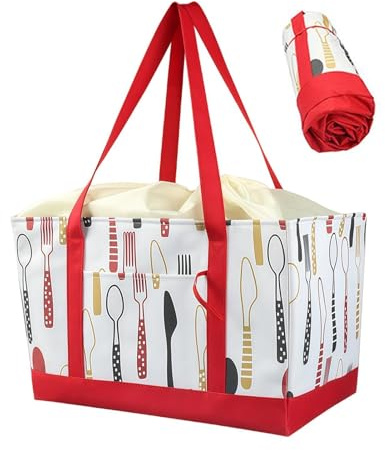 Återanvändbara shoppingpåsar – 42 cm isolerad shoppingväska | dragskoväska med kapacitet och fickor, vikbar Oxford-tyghållare för resor, camping, picknick, marknad, hemförvaring, röd, Siehe