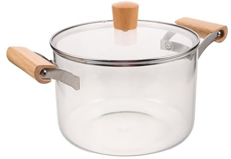 POPETPOP Casserole à Mijoter avec Double Poignée en Bois 3,5l en Verre Borosilicate et Couvercle, Facile à Nettoyer, pour Cuisinière et Préparation de Soupe
