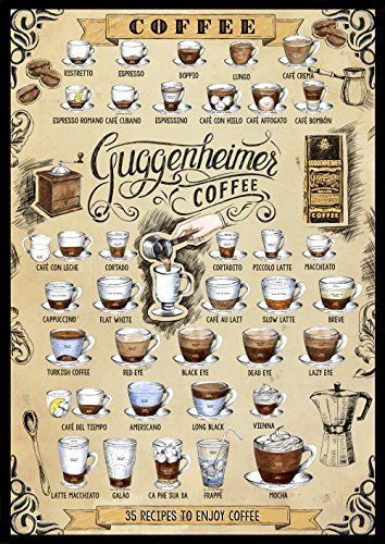 Cafe Poster - 35 Rezepte für Kaffee und Enjoy Coffee - Bild 50 x 70 cm - Für Café, Bar und Pub Service