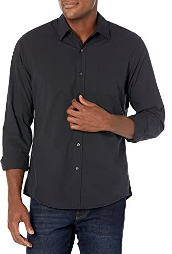 Amazon Essentials Camicia in Popeline a Maniche Lunghe Slim Uomo, Nero, XL