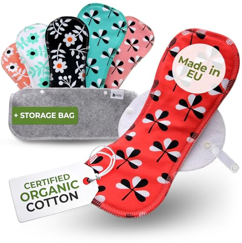 Återanvändbara bindor tungt flöde, 6-pack (L&XL) organisk bomull tvättbara sanitära dynor tillverkade i EU; maxi återanvändbara perioddynor, tyg återanvändbara dynor menstruation; stora tvättbara