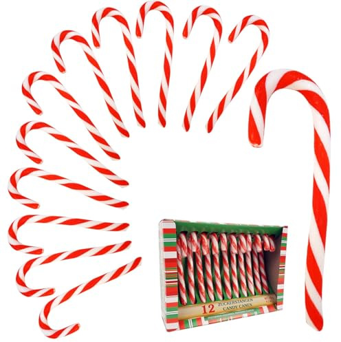Zuckerstangen12tlg essbar | rot/weiß gestreift je 10g Zucker | Pfefferminzgeschmack Candy Cane verpackt | Spazierstock Weihnachtsdeko (12)