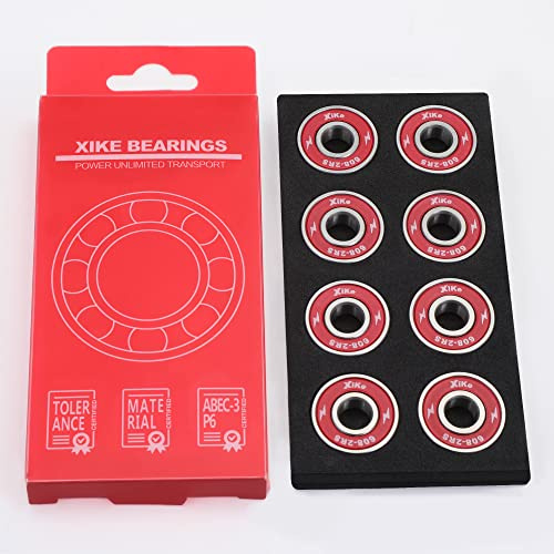XiKe 608-2RS Cuscinetto per Skateboard 8x22x7mm, Acciaio cromato e guarnizioni di gomma, Cuscinetti a sfere per Skateboard, Pattini in linea, Scooter ecc. (Rosso, 8 pezzi)