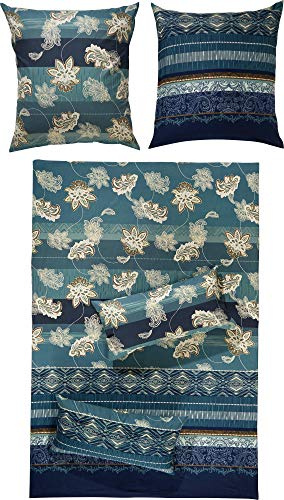 Erwin Müller Flanell Bettwäsche, Bettgarnitur mit orientalischen Blumen-Ornamenten blau Größe 80x80 cm / 135x200 cm - klimaausgleichend, mit Reißverschluss, 100% Baumwolle (weitere Größen)