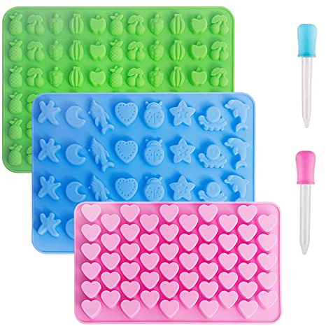 Vpqnee 3er-Pack Mini-Silikon-Gummibonbon-Schokoladenformen enthält kleine Herzen, Früchte, Meerestierformen und 2 Tropfer zur Herstellung von Gummibärchen, Süßigkeiten, Schokolade