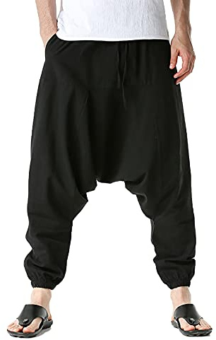 GTHTTT Pantalones Hippy De Pierna Ancha Jogging para Hombre Pants Bombacho Estilo Harén Pantalones De Tela para Uso Diario, Deportes, Yoga, Correr Etc,Negro,M