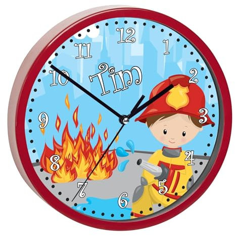 CreaDesign, Wanduhr Kinder personalisiert mit Name, Motiv Feuerwehrmann, Rahmen Wanduhr rot, Ø 19,5 cm