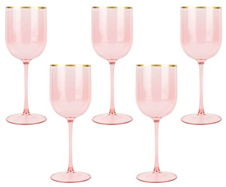 PLASTICPRO Pink Wine Cup with Gold rim Plastic Wine Glasses Set of 10 Elegant Wine Goblets Hard Plastic Wine Cups on Stem 12 Ounce