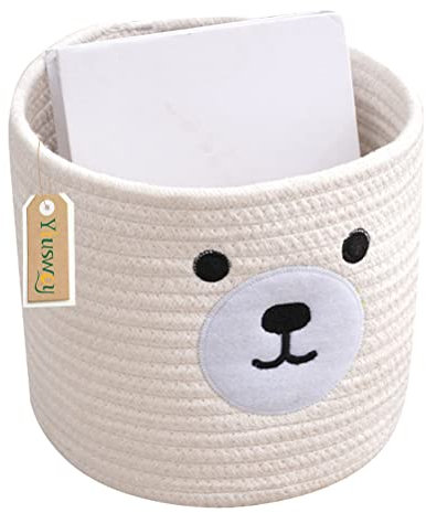 Yiuswoy Baumwollseilkorb Geflochtener Klein Aufbewahrungskorb Multifunktionelle Organizer Körbe Regalkorb für Babyzimmer Accessoires, Schminke, Schlüssel (Bär Weiß)