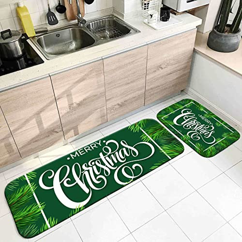 Banemi Teppich Vintage, Teppich für Die Küche Waschbar Grün Weiß Tannenblätter Frohe Weihnachten 60X90cm+60X180cm Heimtextilien