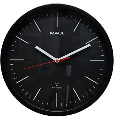 MAUL Horloge Murale Radiopilotée MAULjump 30 cm, Couvercle en Verre Minéral, Réglage Automatique de l'Heure, Horloge Élégante pour Le Bureau, l'Atelier et à la Maison, Pile Incluse, Noir