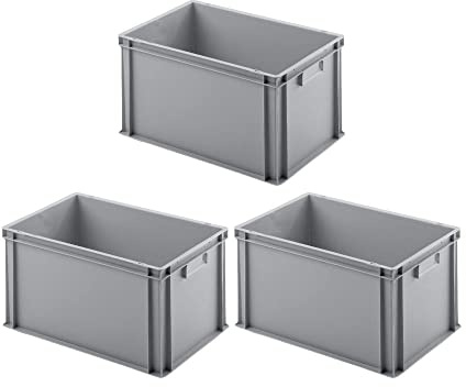 SuperSparSet 3x Eurobehälter mit geschlossenem Griff | HxBxT 32x40x60cm | 56 Liter | Grau | Eurobox, Transportbox, Transportbehälter, Stapelbehälter