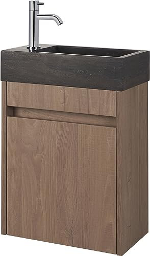 Saqu Florence Gäste WC Waschbecken mit Unterschrank Vormontiert - in Braun mit Natursteinwaschbecken Links - Kleines Gäste WC Bad Möbel mit Waschtisch