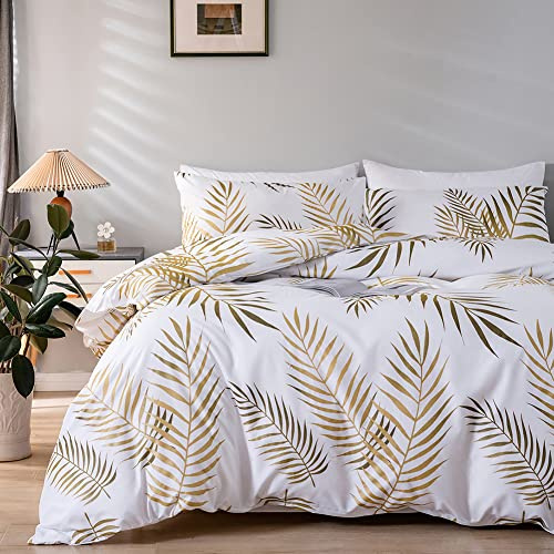 Michorinee Golden Leaves Duvet Cover Set King Size Tropical Palm Leaf White and Gold Bedding Set Quilt Cover with Zipper Closure - 1 Duvet Cover 220x230 + 2 Pillowcases 50x75 cm