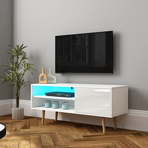 Senvoziii Modern TV Cabinet Led Light White High Gloss Front TV Stand Unit 110CM with 1 Door 2 Open Shelves TV Units with Wooden Legs for Living Room Bedroom Home Furniture