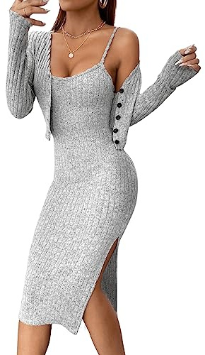 GORGLITTER Rippenstrick Kleid Mit Jacke Set Elegant Zweiteiler Cami Mit Schlitz 2 Teiler
