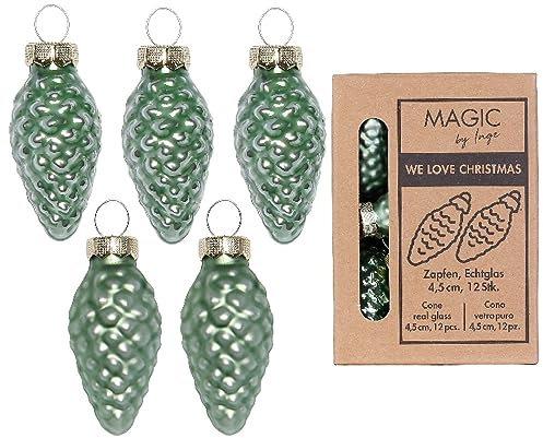 Inge-glas Christbaumschmuck Zapfen Glas 4,5cm 12er Set - Glaszapfen Kiefernzapfen zum Aufhängen Mild Sage Weihnachtsschmuck - Weihnachtsbaum Anhänger - Tannenzapfen Deko & Weihnachtsbaumschmuck