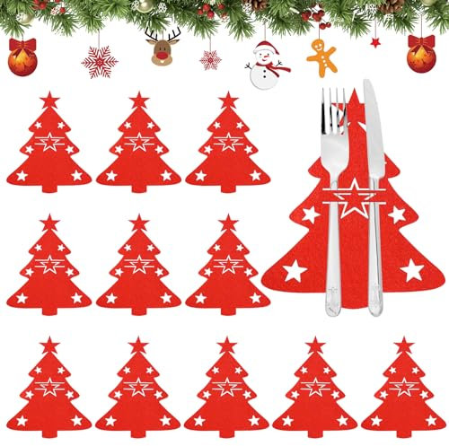 Besteckhalter Weihnachten Filz,12 Stück Weihnachtdekoration Filz Besteckhalter,Weihnachten Bestecktaschen Weihnachten Esstisch Dekoration,Weihnachtsbaum Besteckhalter,Weihnachten Besteckhalter (Rot)