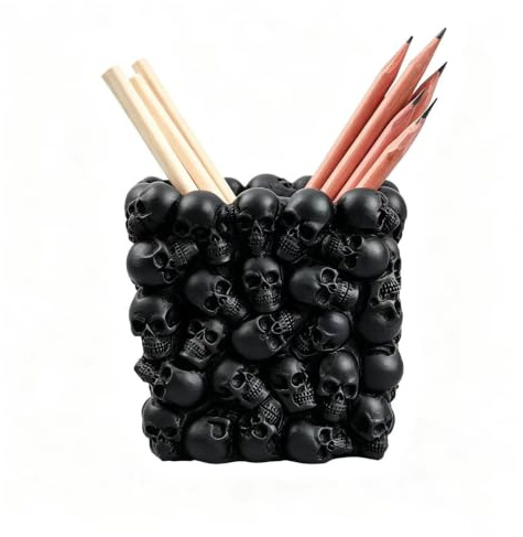 RURUOGUK Skull Pen Pencil Holder Makeup Brush Holder Toothbrush Holder Flower Pot Key Storage Resin Skeleton Home Office Halloween Decor (Black)