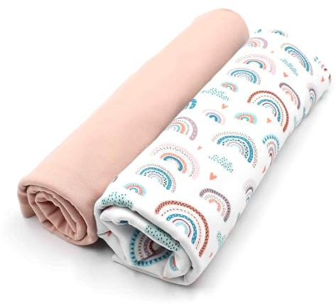 VmG-Store Juego de tela de jersey, diseño a juego + Uni de 0,5 x 1,5 m, 95 % algodón, 5 % elastano, Tex Standard 100 (arco iris pastel blanco + juego de malva claro)
