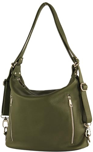 modamoda de T249 Damen Rucksack Schultertasche 2 in 1 aus Leder handmade in Italy, Farbe:Olivgrün