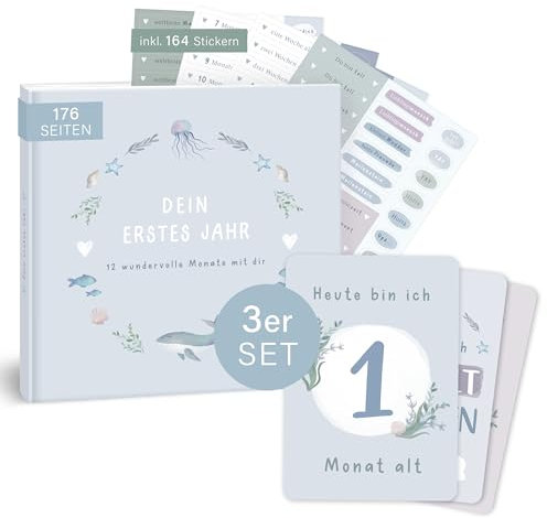 mintkind® Baby Geschenkset Mein erstes Jahr Baby Tagebuch + Meilensteinkarten Baby Wal I Erinnerungsbox Baby I Fotoalbum zum selbstgestalten I Baby Geschenk Junge & Mädchen