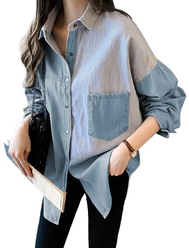MGizo DtiSpectrum Camisa Vaquera de Algodón Puro para Mujer - Camisa de Rayas de Gran Tamaño con Botones, Mangas Largas y Botón a Presión de Metal, Blusa Vaquera de Patchwork Azul
