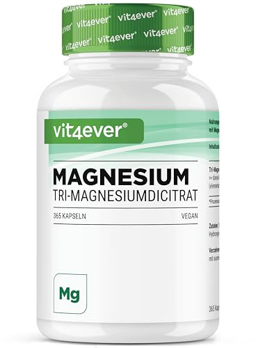 vit4ever Magnesiumcitrat - 365 Kapseln - 360 mg elementares Magnesium | 2250 mg Tri-Magnesiumdicitrat - Hochdosiert - Deutsche Markenqualität - Vegan & Laborgeprüft