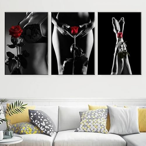 NXMYDBD Giclée-Kunstwerk, Frau, Poster und Drucke, Porträt, Leinwandgemälde, rote Rose, Bilder, Wandkunst für Wohnzimmer, Heimdekoration, 70x90cm (28x35 Zoll) x3, ungerahmt